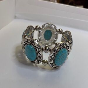 Faux Turquoise Stone Silver-Accent Stretch Bracelet -